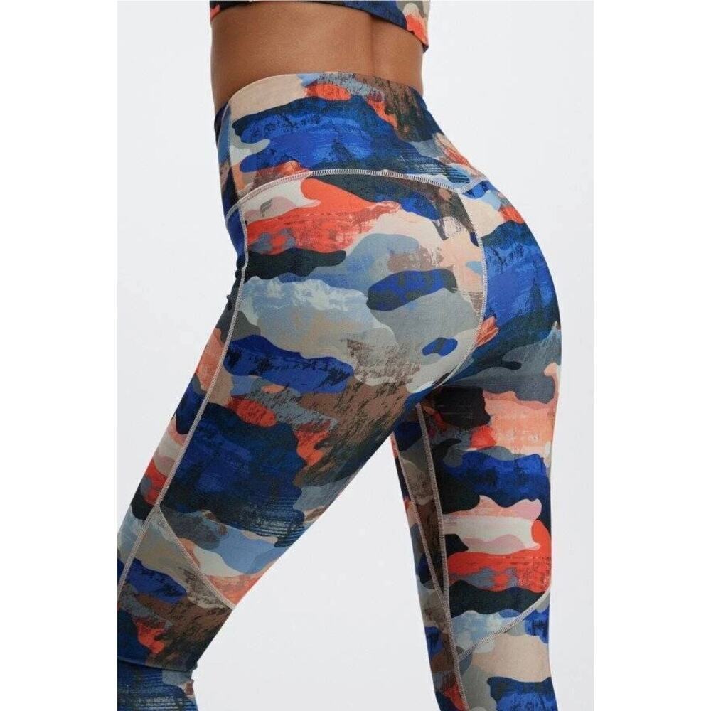 FABLETICS HIGH WAISTED LEGGINGS SZ SMALL ROYAL BLUE ORANGE CAMO PHONE POCKET - Picture 3 of 16